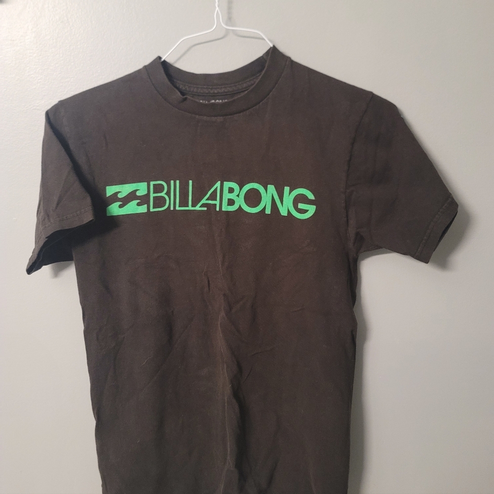 Billabong Black Cotton Tee with Bright Green Logo Mens Small